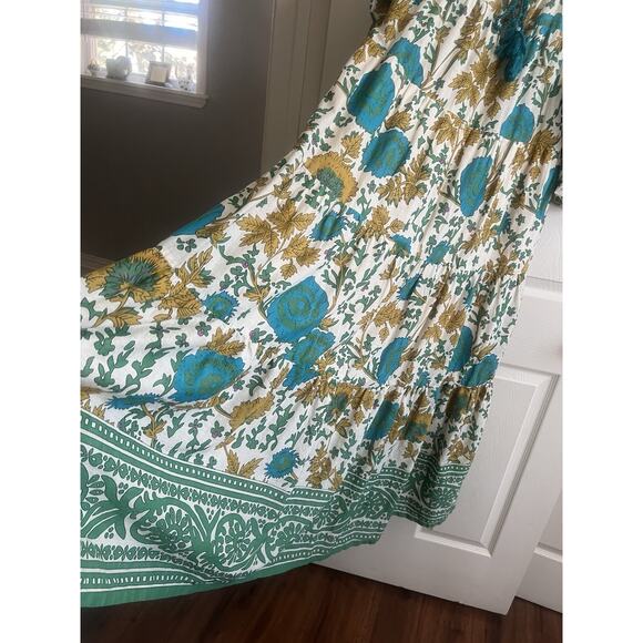 NATURAL LIFE Auguste Cream Green Border 100% Cotton Boho Maxi Dress Sz M - Picture 9 of 16